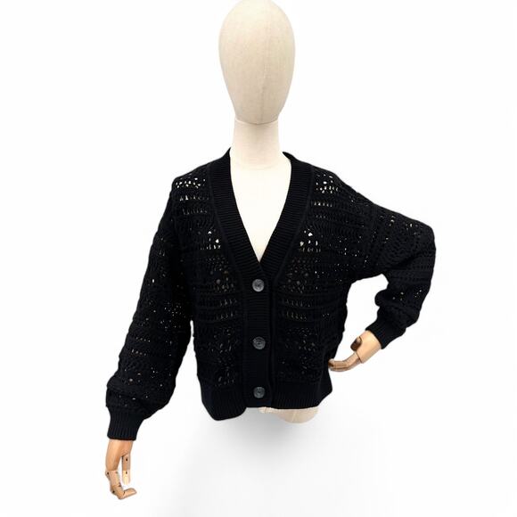 Old Navy Sweater Crafted Cardigan Blackjack Chunky Open Knit Cotton L - Picture 1 of 5
